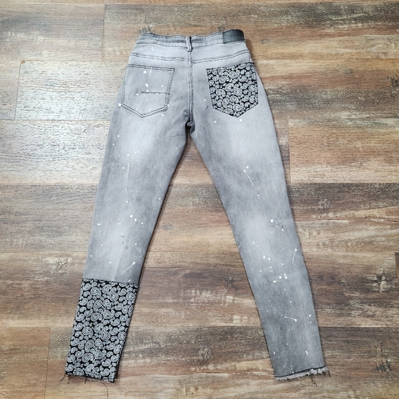 KDNK Destroyed Gray Denim Black Threading Bandana Patch Accent Design - Picture 8 of 8